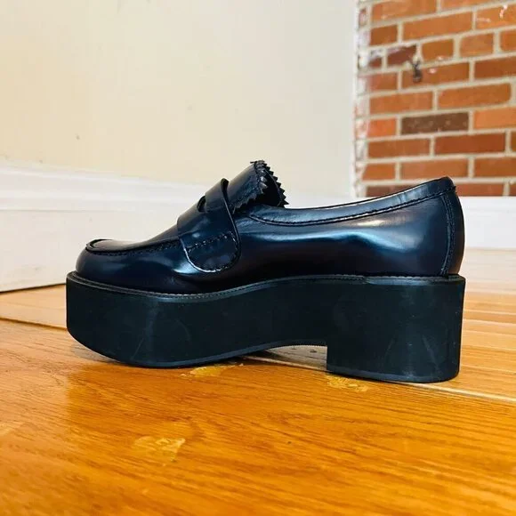 Jil Sander Navy Blue Leather Platform Shoes Eur 38.5 US 8 Chunky Loafers - Picture 9 of 15